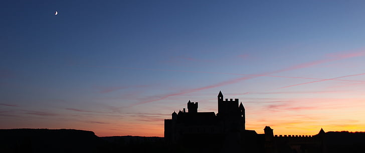 Chateau de beynec, silueta, západ slnka, Príroda, Twilight, Cestovanie, Dovolenka