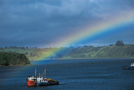Chile, Isla, arco iris, embarcación náutica, naturaleza, agua, mar