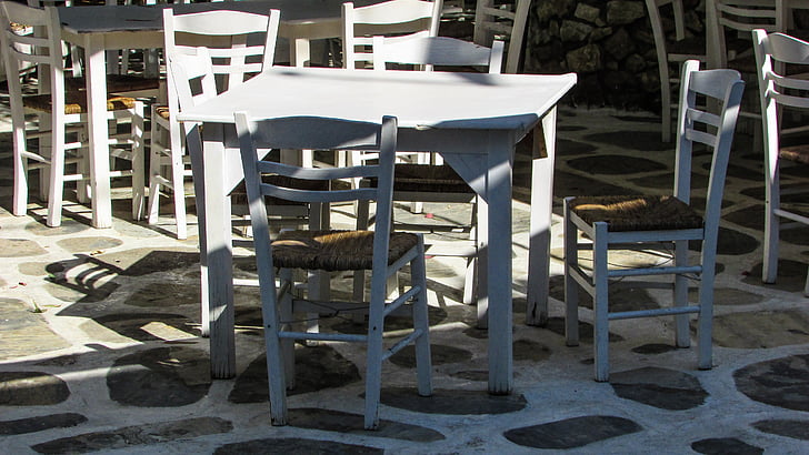 Taverna, traditionella, stolar, vit, Grekland, turism, grekisk ö