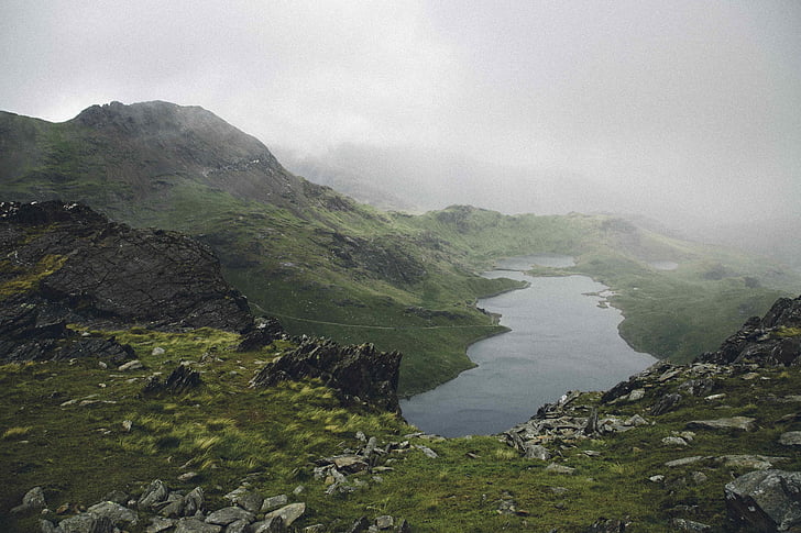 body, water, mountain, fog, lake, hill, green