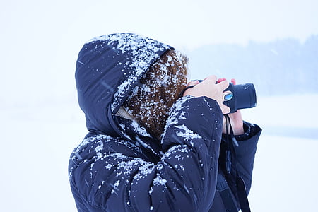 dona, cobert de neu, gelada, fotògraf, fotografia, persona, humà