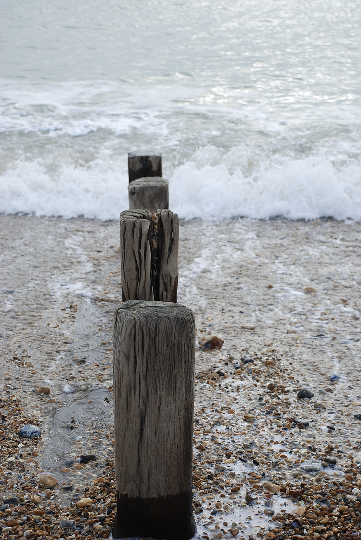 beach, pebbles, seaside, shore, wooden posts, waves, tide