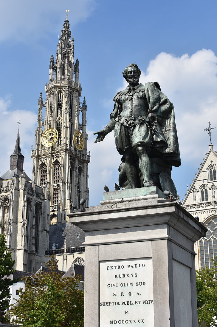 statue, rubens, monument, antwerp, cathedral, church, architecture