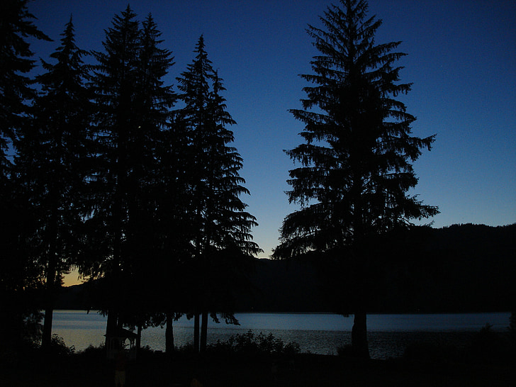 schemering, Lake quinault, Lake quinault lodge, Olympic national park, zonsondergang, water, mooie