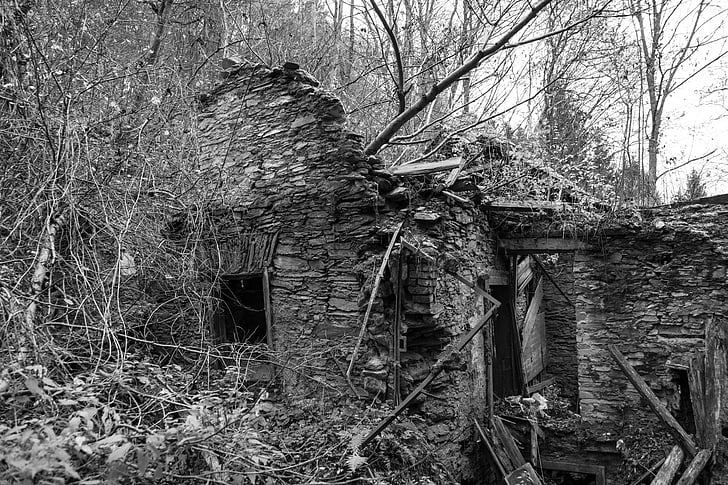 ruína, cabana, restos de uma parede, destruída, pedra, decadência, velho