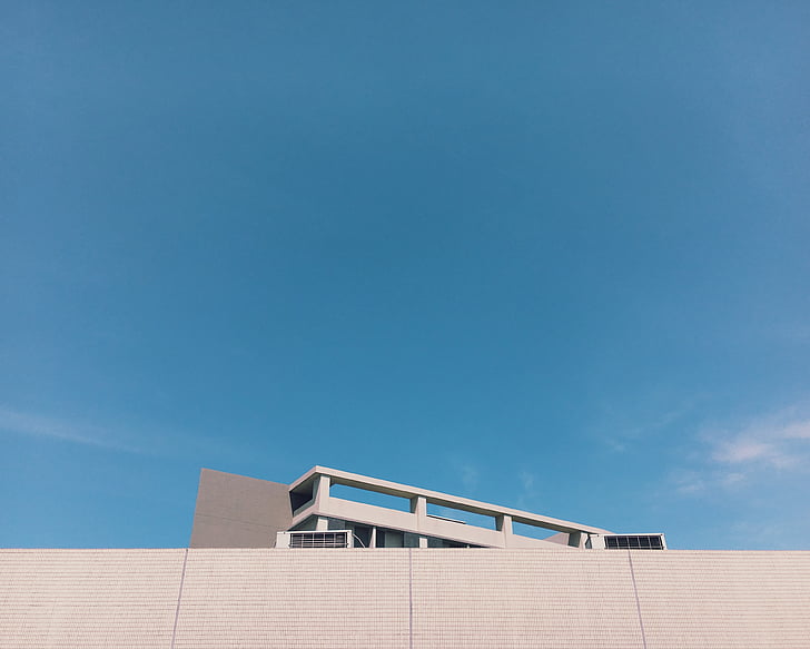 gris, edificio, azul, cielo, nube, copia espacio, arquitectura