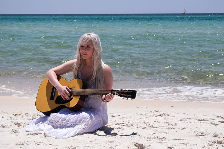 woman, young, musician, beach, ocean, instrument, entertainment