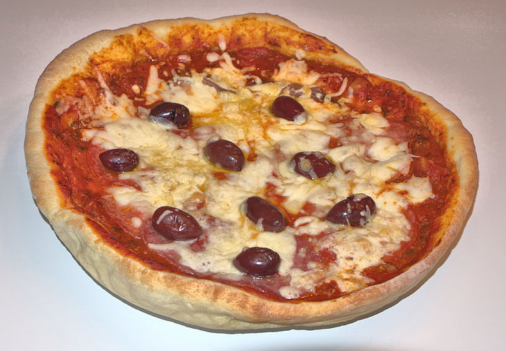 pizza, pie, olives, cheese, salami