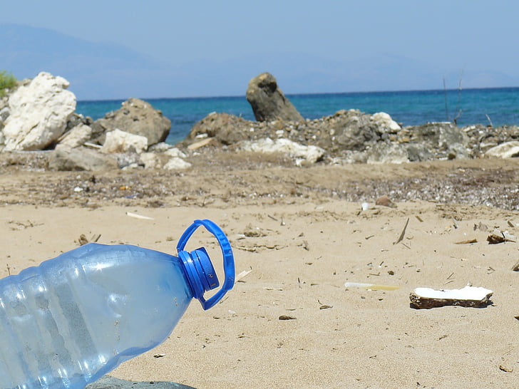 garrafa de plástico, garrafa, praia, mar, poluição, plástico, lixo