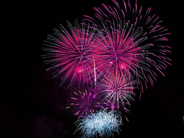 Феєрверки, святкування, яскраві, рожевий, вибухові, святкувати, відображення