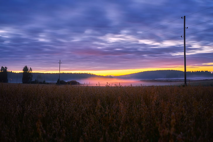 Finlandia, Wschód słońca, zachód słońca, niebo, chmury, kolorowe, krajobraz