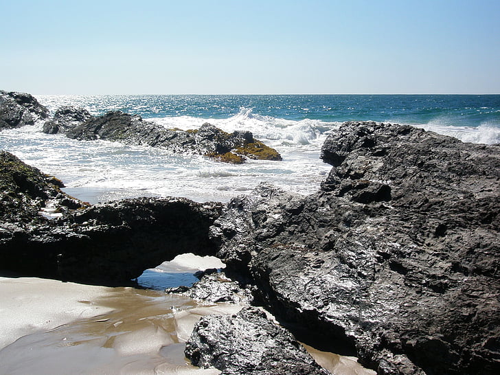 steinete, stranden, hav, bølger, spray, vann, kystlinje