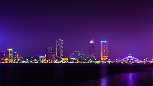 Danang, Vietnam, da nang, skyline, nacht, rivier, brug