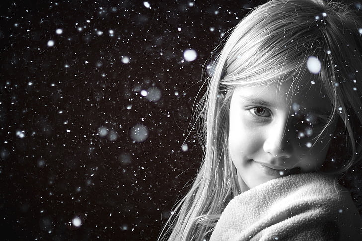 snow, girl, black and white, monochrome, happy, young, winter