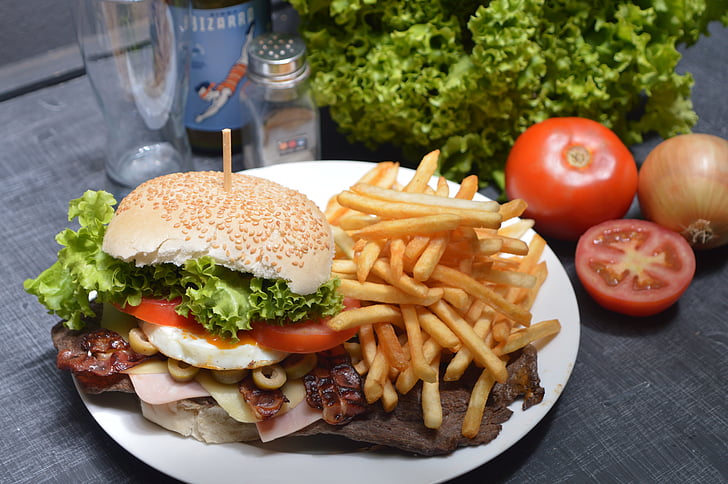 Burger, bramborové lupínky, rajče, jídlo, cholesterolu v krvi, nabídka, Rychlé občerstvení