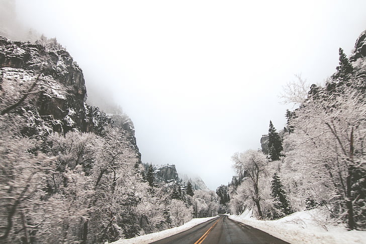 asfalt, landschap, berg, weg, hemel, sneeuw, besneeuwde