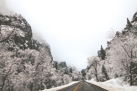 nhựa đường, cảnh quan, núi, đường, bầu trời, tuyết, tuyết rơi
