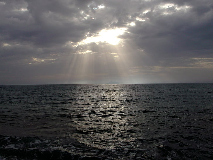 mar, sonnentstrahl, Creta, luz, água, natureza, pôr do sol