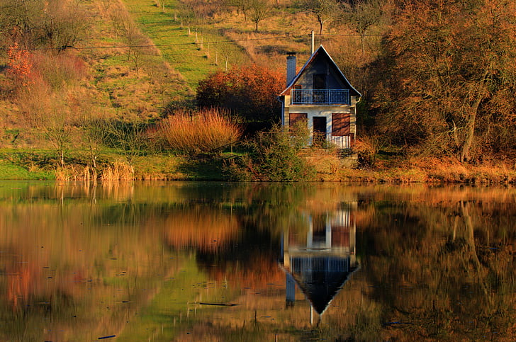 Cottage, Lake, gương, yên tĩnh, kỳ nghỉ, gỗ, ngoài trời
