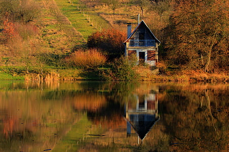 Cottage, Lago, specchio, tranquillo, Vacanze, in legno, all'aperto