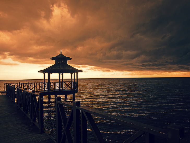 walkboard, jamaica, sunset, pier, beach, dusk, clouds