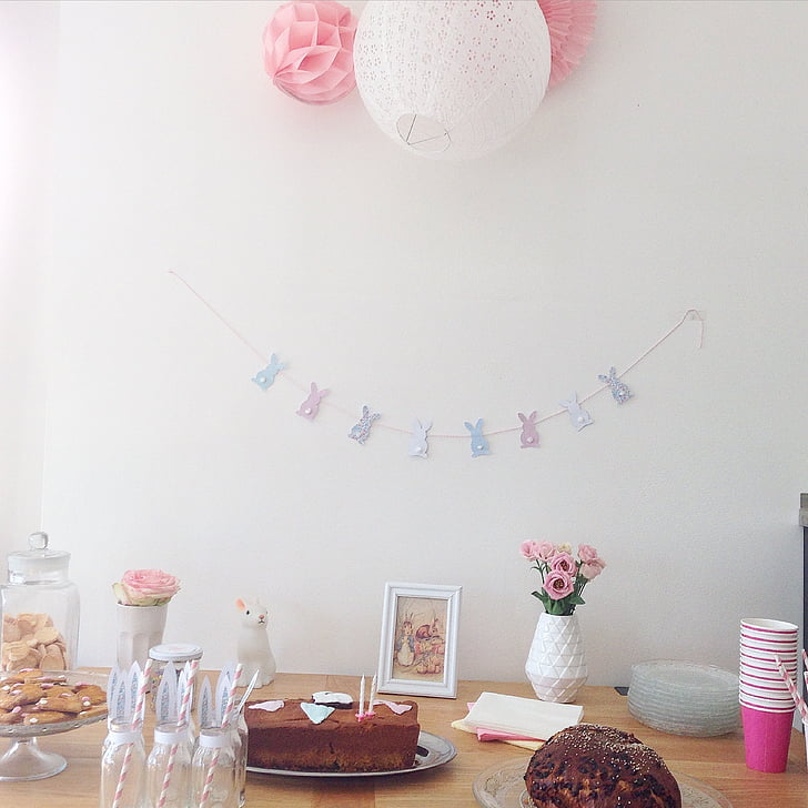 birthday, child, pink, flower, rabbit, decoration, cake