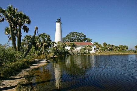 Lighthouse, træer, kystlinje, St varemærker lighthouse, Beach, turisme, Tower