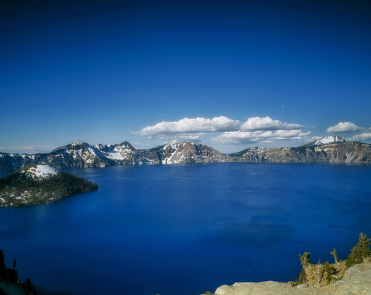 Кратерное озеро, Орегон, горы, небо, облака, воды, береговой линии
