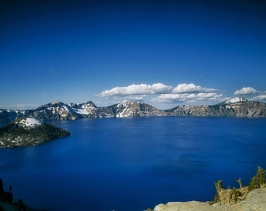 crater lake, oregon, mountains, sky, clouds, water, shoreline