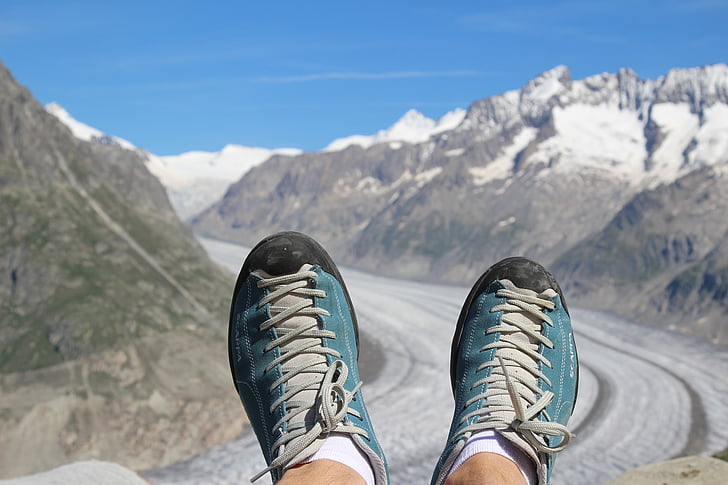 aletsch, hiking, mountains, glacier, hiking shoes, mountain, shoe