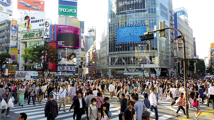 Japão, Tóquio, Shibuya, Japonês, edifício, multidão, pessoas