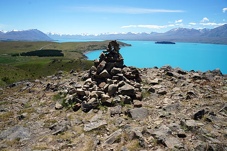 cairn, stones, lake, mountains, nature, pile, water