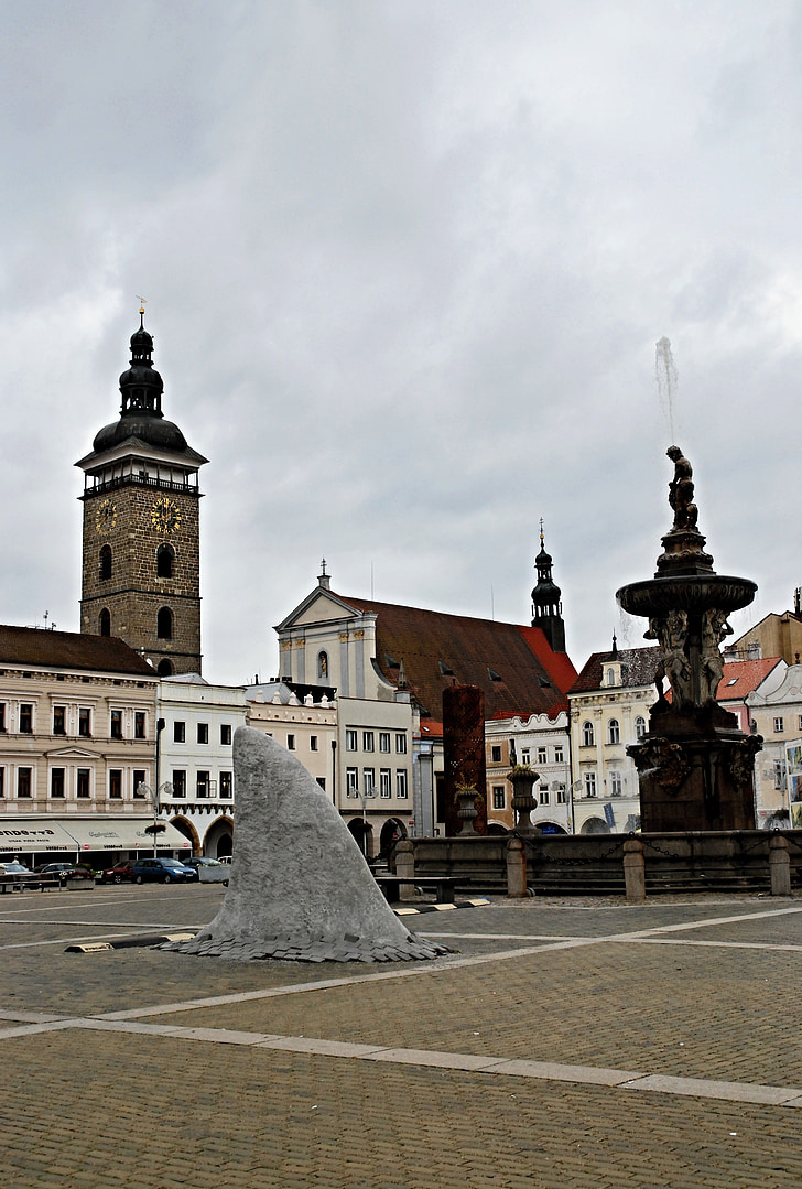 czech budejovice, square, shark fin, black tower, fountain, samson, recession