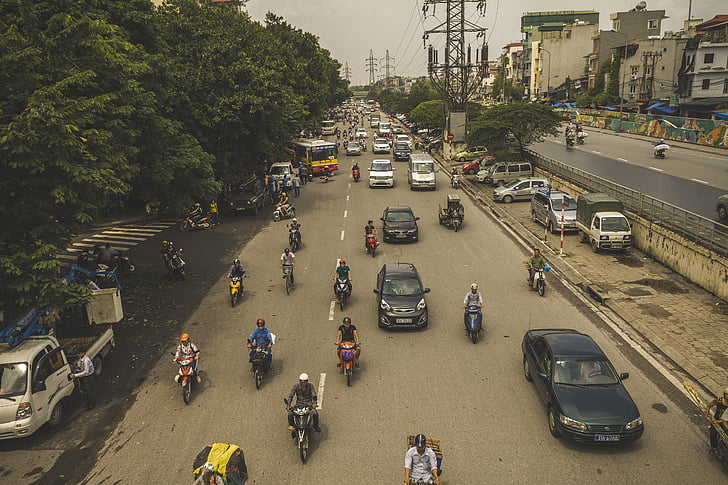 Hanoi, Vietnam, város, elfoglalt, kerékpár, forgalom, autók