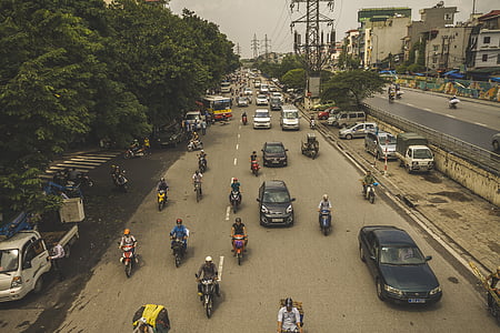 Hanoi, Vietname, cidade, ocupado, motos, tráfego, Carros