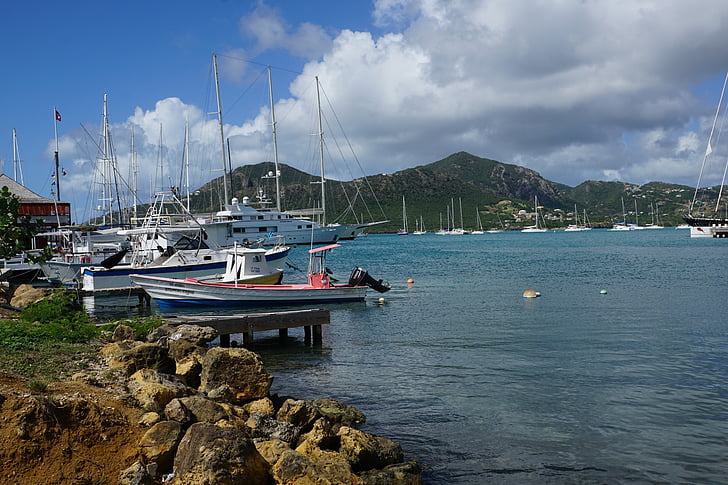 Antigua, Caraibe, port, cizme, mare, apa, albastru