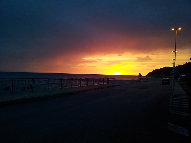 sjøen, solnedgang, Calabria, stranden