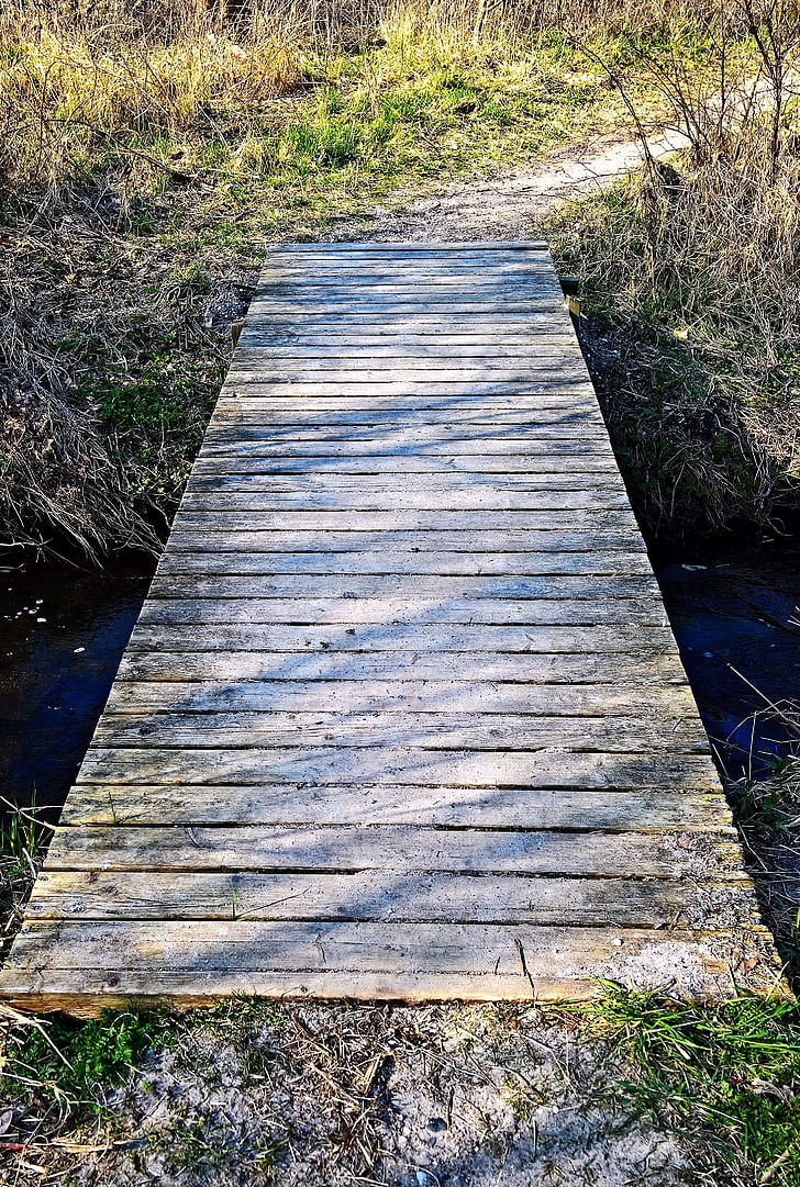 landscape, bridge, web, trail, small stream, water, wooden boards