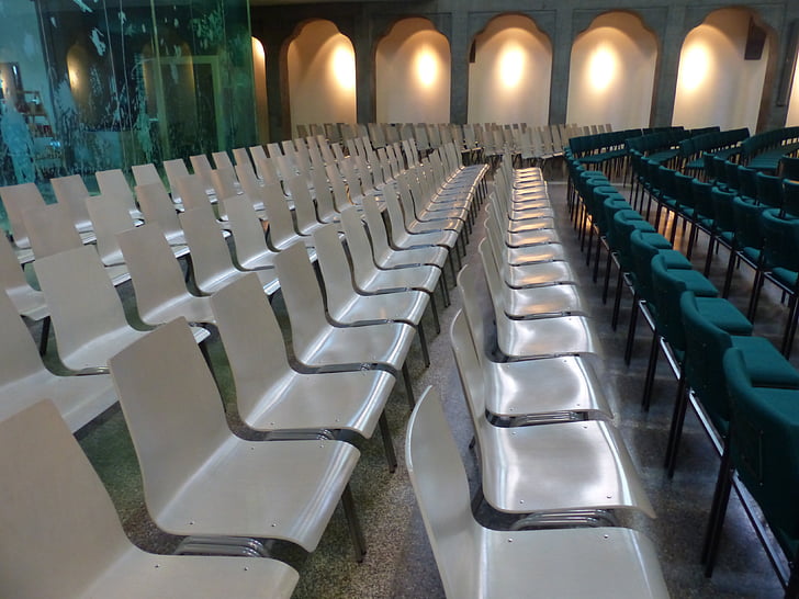 chairs, chair series, rows of seats, white, green, seat, hall