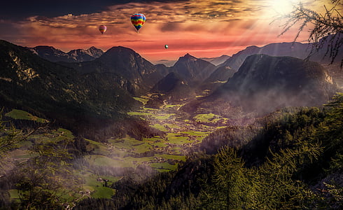 Sunset, luftballon, belysning, romantisk, lysstrålen, landskab