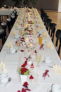 bruiloft, bruiloft tabel, dekking, stoelen, Rozenblaadjes, kaarsen, bloemen
