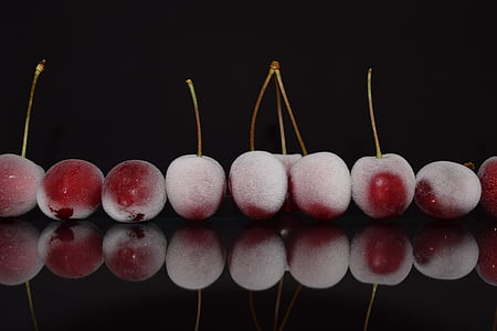 cherries, red, close, mirroring, frosted, frozen, delicious