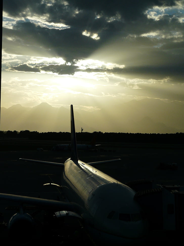 airport, aircraft, arrival, departure, sunset, mountains, antalya