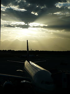 机场, 飞机, 到达, 离开, 日落, 山脉, 安塔利亚