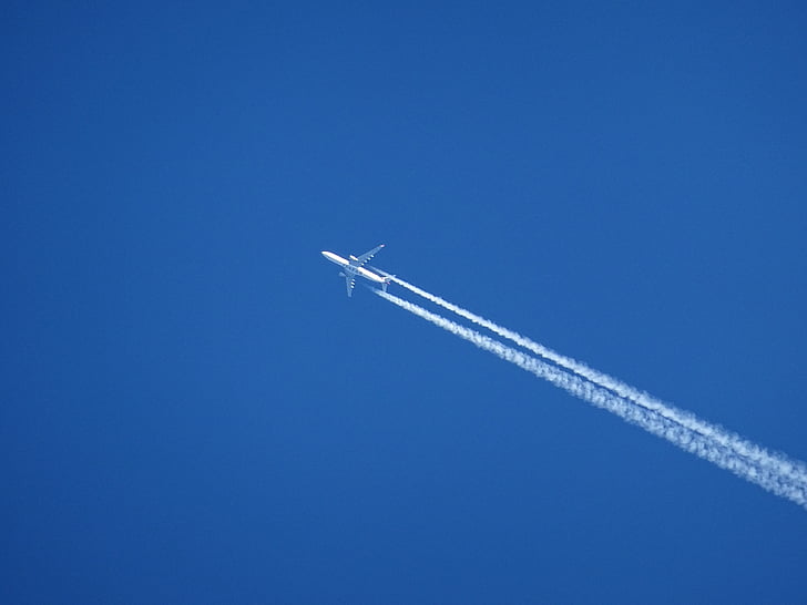 เครื่องบิน, contrail, ท้องฟ้า, เส้นทางเคมี, สีฟ้า, สภาพแวดล้อม, อากาศ
