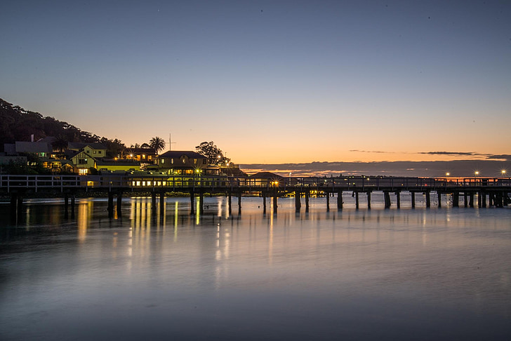 soluppgång, Sydney, hamnen, brygga, reflektion, Pier