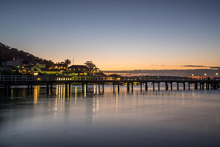 soluppgång, Sydney, hamnen, brygga, reflektion, Pier