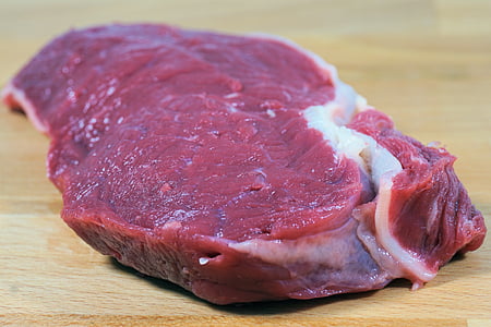 mäso, surové, jedlo, kus mäsa, hovädzie mäso, drevené dosky, surové mäso