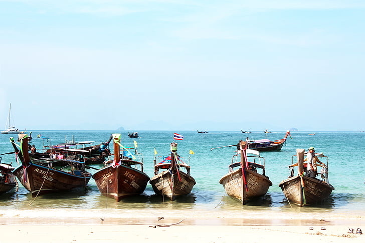 Тайланд, плаж, рибарски лодки, лодки, слънце, вода, море