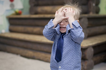 boy covering face, boy, tie, hands, emotions, baby, person